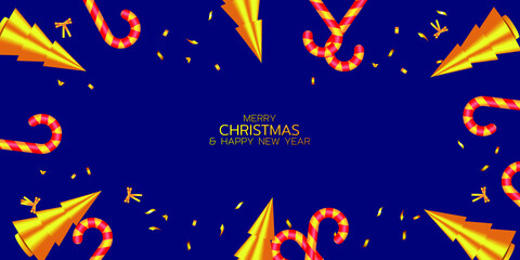 Naklejka premium Merry Christmas and Happy New Year illustration. Winter holiday vector illustration. Composition with candy canes and golden Christmas trees.