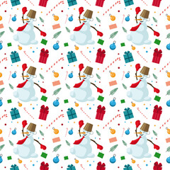 Merry christmas cute seamless pattern with snowman and presents vector image