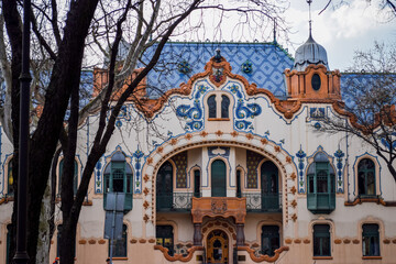 Close-up of Raichle's Palace's facade in a cloudy day. Subotica, Serbia.