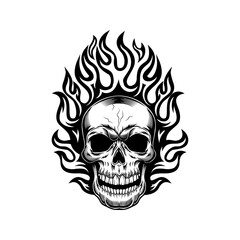 Skull against flame vector illustration. Burning head of skeleton. Fire alarm concept for warning symbols or danger signs templates