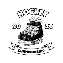 Fototapeta premium Hockey championship symbol vector illustration. Ice skates and text on ribbon. Sport school concept for emblems and labels templates