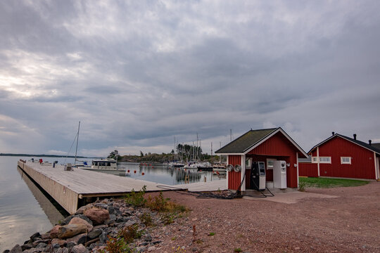  gas station on the shore of Lappo island in Finland, fuel for yachts and boats and motor boats.