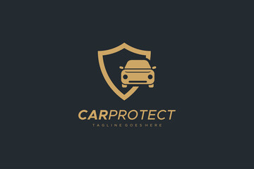 Car Protection Logo. Gold Shape Car Icon with Shield Combination isolated on Black Background. Usable for Transportation and Technology Logos. Flat Vector Logo Design Template Element.