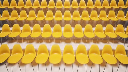 Aerial view drone flies over empty stadium row orange seats during coronavirus COVID-19 pandemic 4k - Powered by Adobe