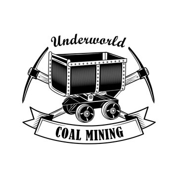 Miners tools vector illustration. Crossed twibills, trolley, text on ribbon. Coal mining industry concept for emblems and badges templates