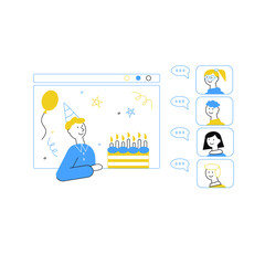 Vector flat illustration of online birthday party. A boy with birthday cake talking with his friends online.