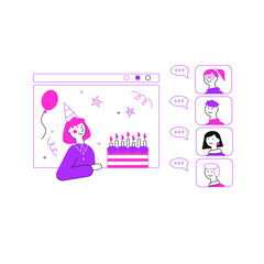 Vector flat illustration of online birthday party. A girl with birthday cake talking with her friends online.