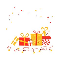 Fototapeta na wymiar Vector flat illustration of different gift boxes. Festive boxes with ribbon bows.