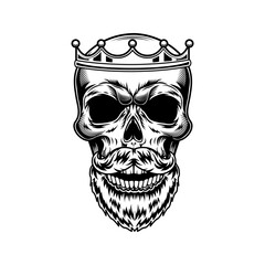 Skull of king with beard vector illustration. Head of skeleton in royal crown. Monarchy or jewelry concept for emblems or tattoo templates