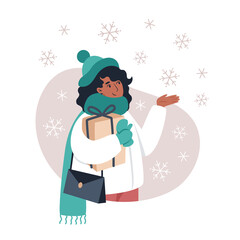Woman catches snowflakes with her hand, vector illustration in flat style