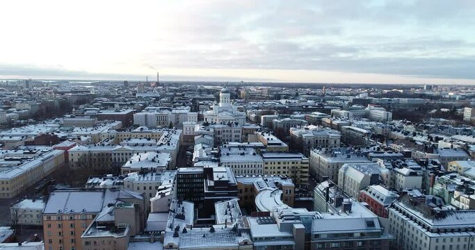 Aerial Drone View Helsinki Cathedral. Festive street with Christmas decorations overlooking the Cathedral on the Senate squar.
