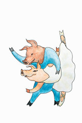 Image drawing of dancing piglets together in a ballet on a white background isolated.