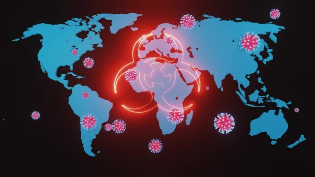 map of earth and particles of coronavirus flying over it. Concept of the coronavirus pandemic covid-19, earth quarantine. Looped animation in 4k