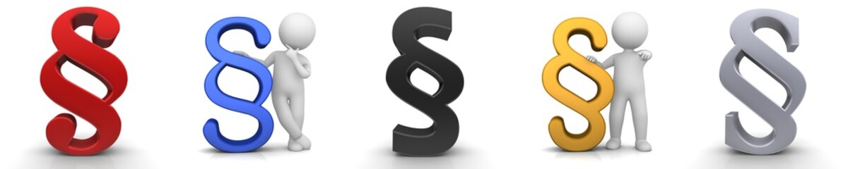 Naklejka premium Paragraph sign § symbol article type character icon blue black golden red silver colored legal rights law justice advice mark with stick figure man lawyer advocate judge 3d render graphic on white
