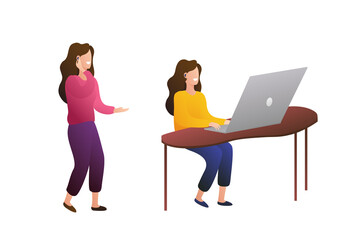 Set of isolated female marketer talking on a headset. The girl works in front of the laptop. Analytical process.