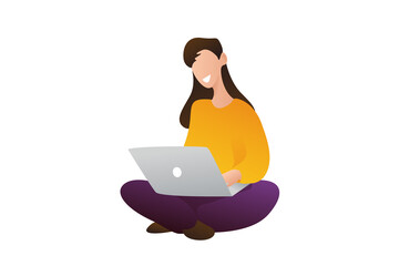 Female character is sitting cross-legged with a laptop on a white background. A young girl sits in a lotus position and works at the computer. Isolated man working remotely online training.