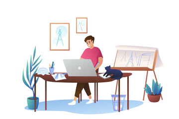 An architect girl sits at a large graphic tablet. Cozy office at home, measuring device. The dachshund is sleeping under the table.