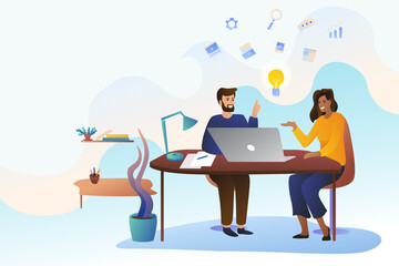 Man and woman marketers are discussing the idea of promotion in front of a laptop. Cozy office with books and flowers. Young and adult people work together.