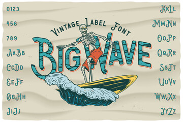 Vintage label font named Big Wave. Retro typeface with letters and numbers for any your design like posters, t-shirts, logo, labels etc. - 392259749