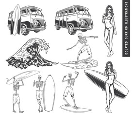 Isolated illustrations set - classic van, surfing boards, skeletons and sexy girl - 392260124
