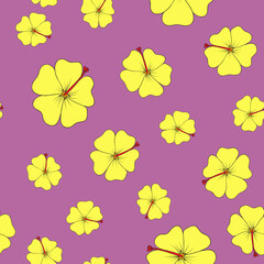 Pattern with yellow hibiscus, Seamless pattern with purple background, Beautiful background with hibiscus flower