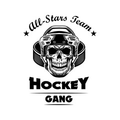 All stars team symbol vector illustration. Skull in hockey helmet with puck and gang text. Sport or fan community concept for team emblems and labels templates