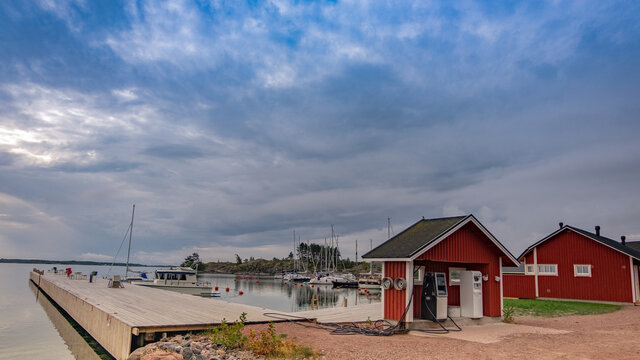 a gas station on the shore of Lappo island in Finland, fuel for yachts and boats and motor boats.