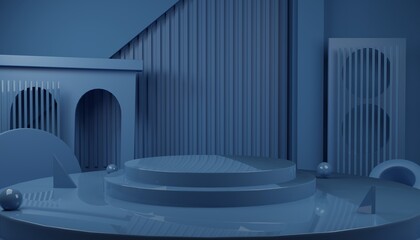 Abstract 3D Rendering Scene of Glossy Blue Podium Stage  for Product Presentation