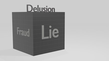 concept of relationships between people. delusion gives rise to fraud and lies. a large gray dark cube with inscriptions. 3D illustration