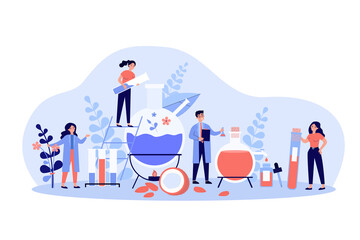 Happy people mixing herbs in flasks for essential oils flat vector illustration. Cartoon characters making cosmetics from organic ingredients. Chemistry and healthcare in cosmetology concept