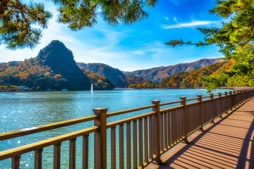  autumn lake and mountains at pocheon seoul korea