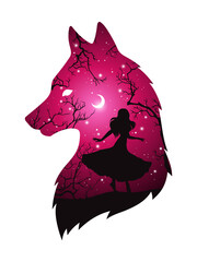 Double exposure silhouette of wolf with shadow of beautiful woman in the night forest, crescent moon and stars. Sticker or tattoo design vector illustration. Pagan totem, wiccan familiar spirit art © croisy