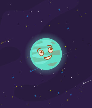 Happy neptune planet character, cute neptune with smiley face cartoon vector Illustration