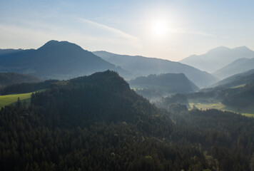 Drone panorama over forest and mountains in Bavaria, Germany