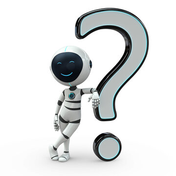 Roboboy leans on the Question mark 3D Illustration