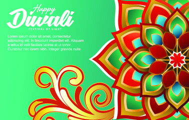 Diwali festival holiday design with paper cut style of Indian Rangoli and hanging diya - oil lamp. Purple color on yellow background. Vector illustration.
