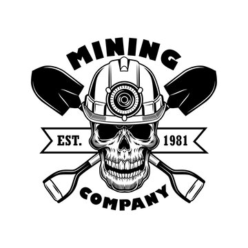 Miners skull vector illustration. Head of skeleton in helmet with torch, crossed shovels and text. Coal mining industry concept for emblems and badges templates