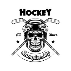 Hockey player skull vector illustration. Head pf skeleton in helmet, crossed sticks, championship text. Sport or fan community concept for emblems and labels templates
