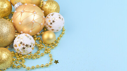 Christmas background, golded on christmas balls and golden decortation on blue pastel background, horizontal new year web banner, place for text