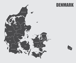 The Denmark isolated map divided in provinces with labels