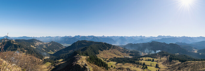 Panorama view of the Riedbergerhorn in the Alps in summer in Allgäu, Germany