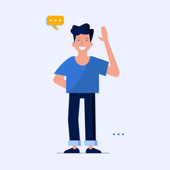 character  man greets , thinks and finds a solution. illustration in cartoon style, man with voicing, sms, chating, thinking