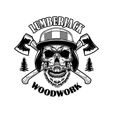 Bearded lumberjack skull vector illustration. Head of skeleton with crossed axes and woodwork text. Logger or woodsman concept for emblems or tattoo templates