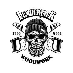 Woodcutter vector illustration. Head of skeleton in beanie hat, crossed saws and woodwork text. Lumberjack job or craft concept for labels or tattoo templates
