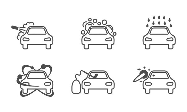 Car washing icon set in thin line - services and equipment of car wash