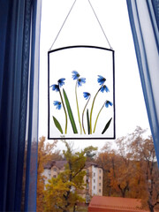 Handmade stained Glass window with Herbarium of Dried Flowers and dried herbs in a metal frame made...