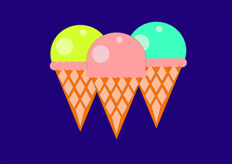 three colorful ice creams in waffle cones