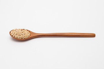 Wooden spoon with brown rice unpolished rice