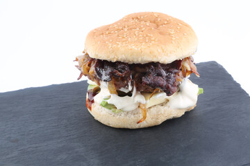 homemade cheese burger with fried onion 