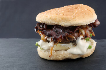 homemade cheese burger with fried onion 